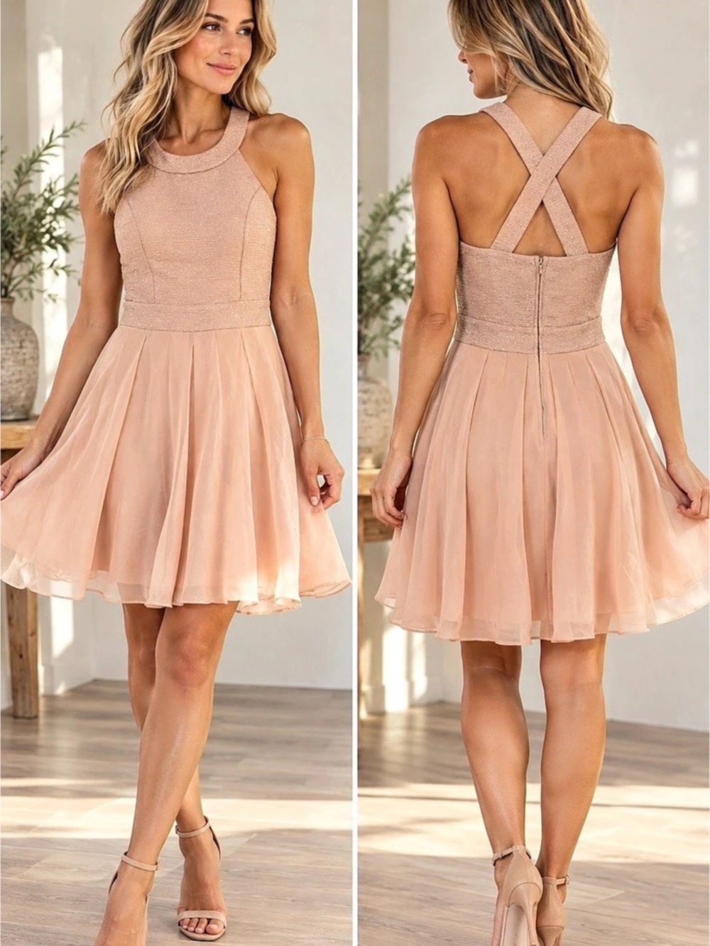 Women’s XS Blush Pink Fit & Flare Party Dress Crisscross Back Tulle